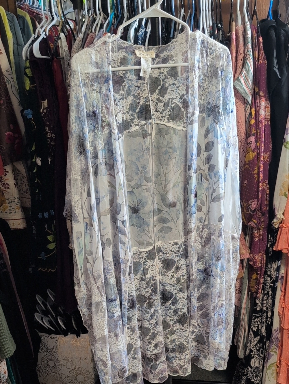 Sheer Floral Lace Kimono Cardigan in Light Blue & White